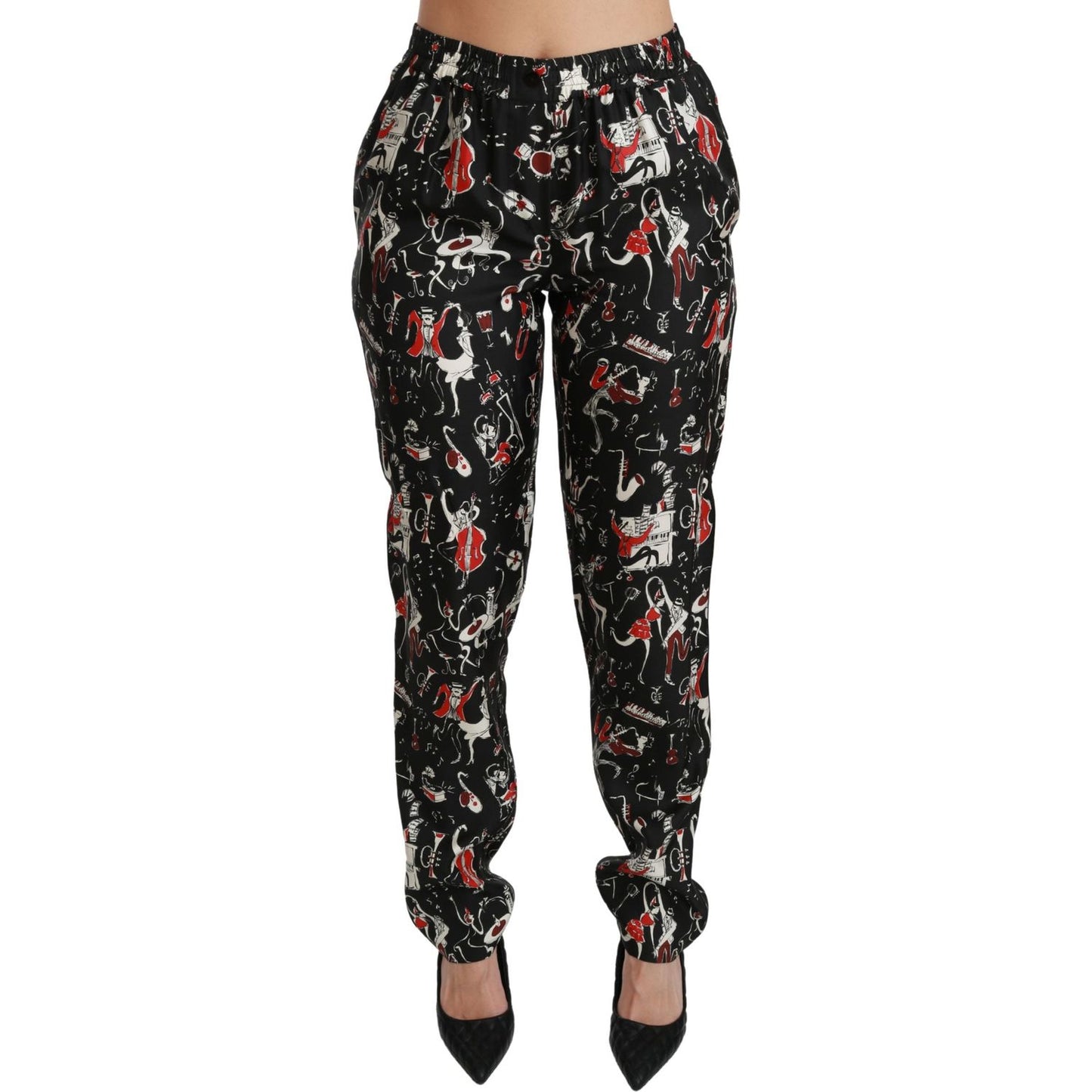Dolce & Gabbana Black Silk Instrument Mid Waist Pants Jeans & Pants