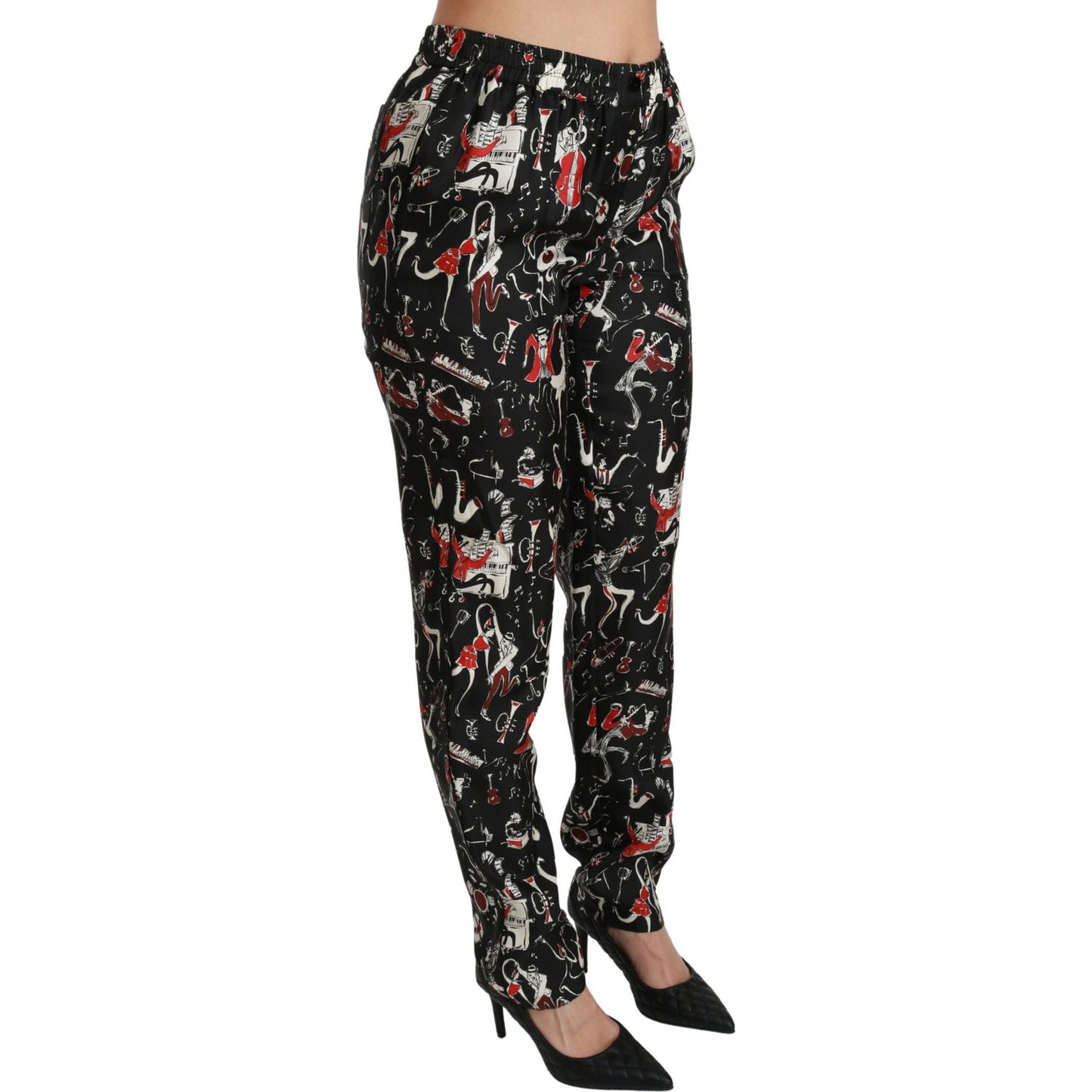 Dolce & Gabbana Black Silk Instrument Mid Waist Pants Jeans & Pants