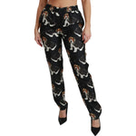 Dolce & Gabbana Black Puppy Dog Mid Waist Skinny Silk Pants