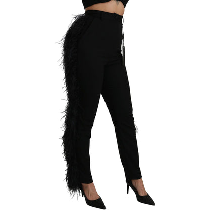 Dolce & Gabbana Black Feather Straight High Waist Wool Pants Pants