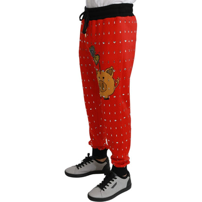 Dolce & Gabbana Red Piggy Bank Cotton Crystal Trousers Pants