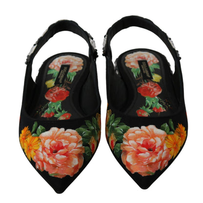 Dolce & Gabbana Black Floral Crystal Slingbacks Flats Shoes