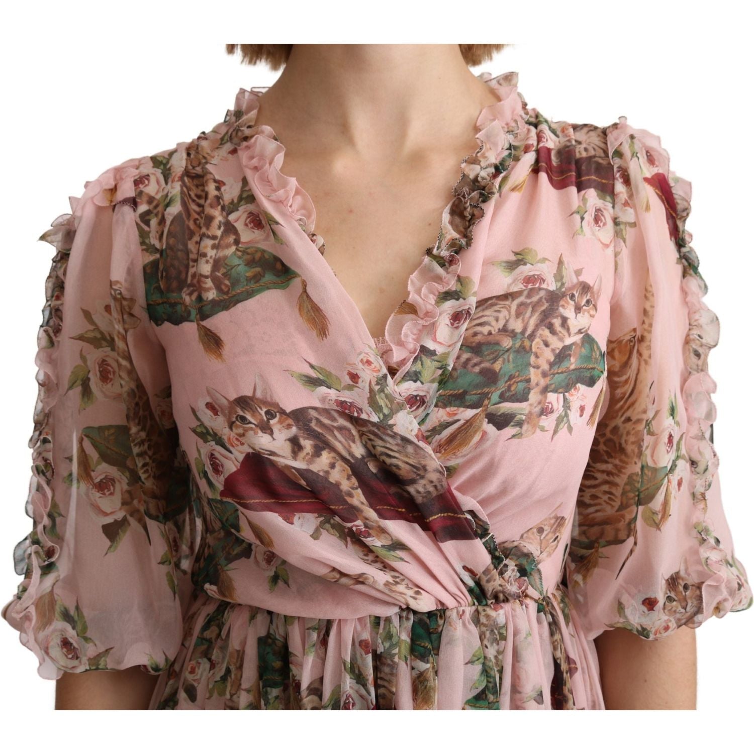 优雅粉色孟加拉猫印花 A 字长裙