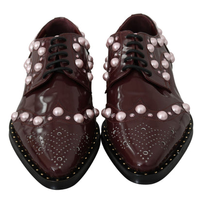 Dolce & Gabbana Bordeaux Leather Crystal Pearls Formal Shoes