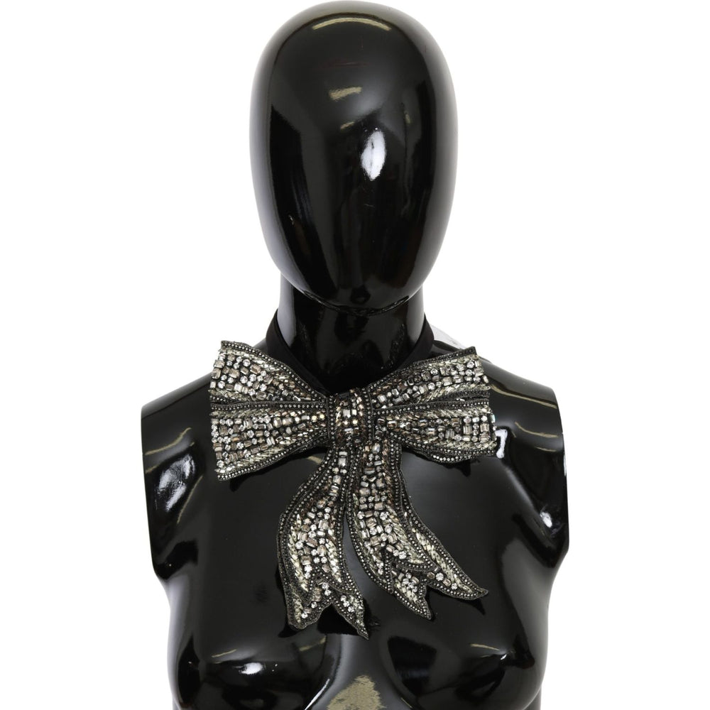 Dolce & Gabbana Silver Crystal Beaded Sequined 100% Silk Catwalk Necklace Bowtie SMY100310