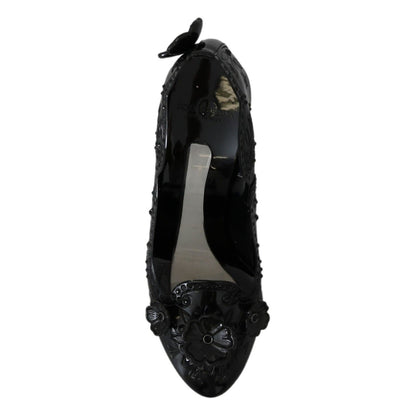 Dolce & Gabbana Black Floral Crystal CINDERELLA Heels Shoes
