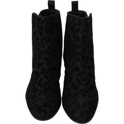 Dolce & Gabbana Black Leopard Short Boots Zipper Shoes