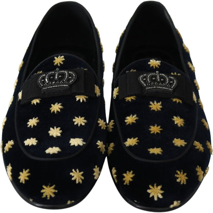 Dolce & Gabbana Blue Velvet Crown Slippers Loafers Shoes