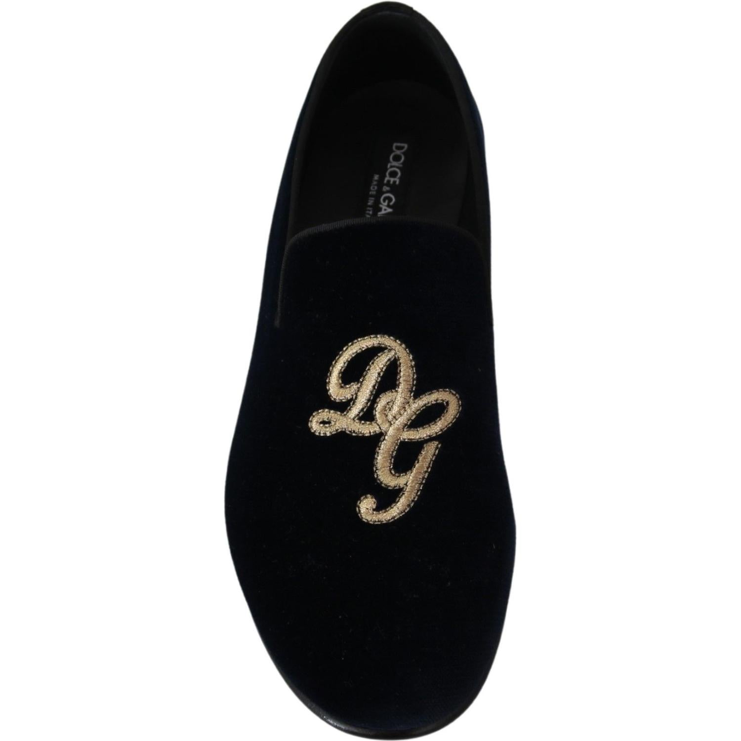 Dolce & Gabbana Blue Velvet Gold Logo Slipper Loafers Shoes