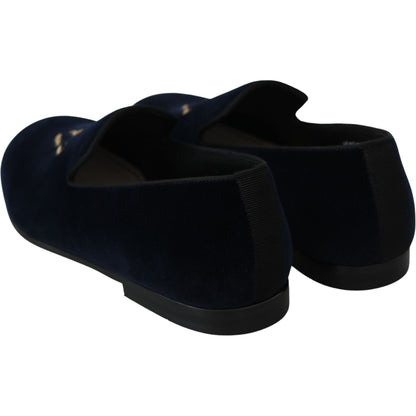 Dolce & Gabbana Blue Velvet Gold Logo Slipper Loafers Shoes