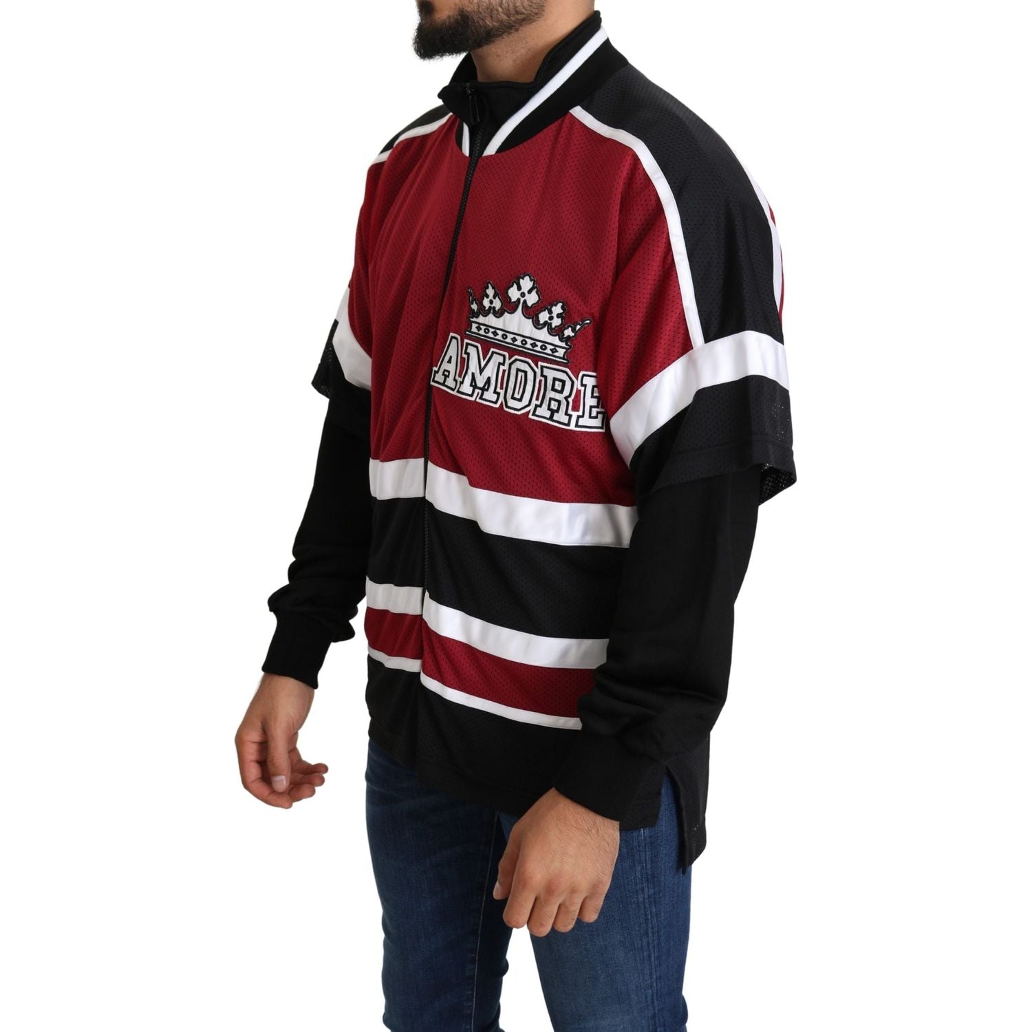 优雅的黑色和红色全拉链毛衣