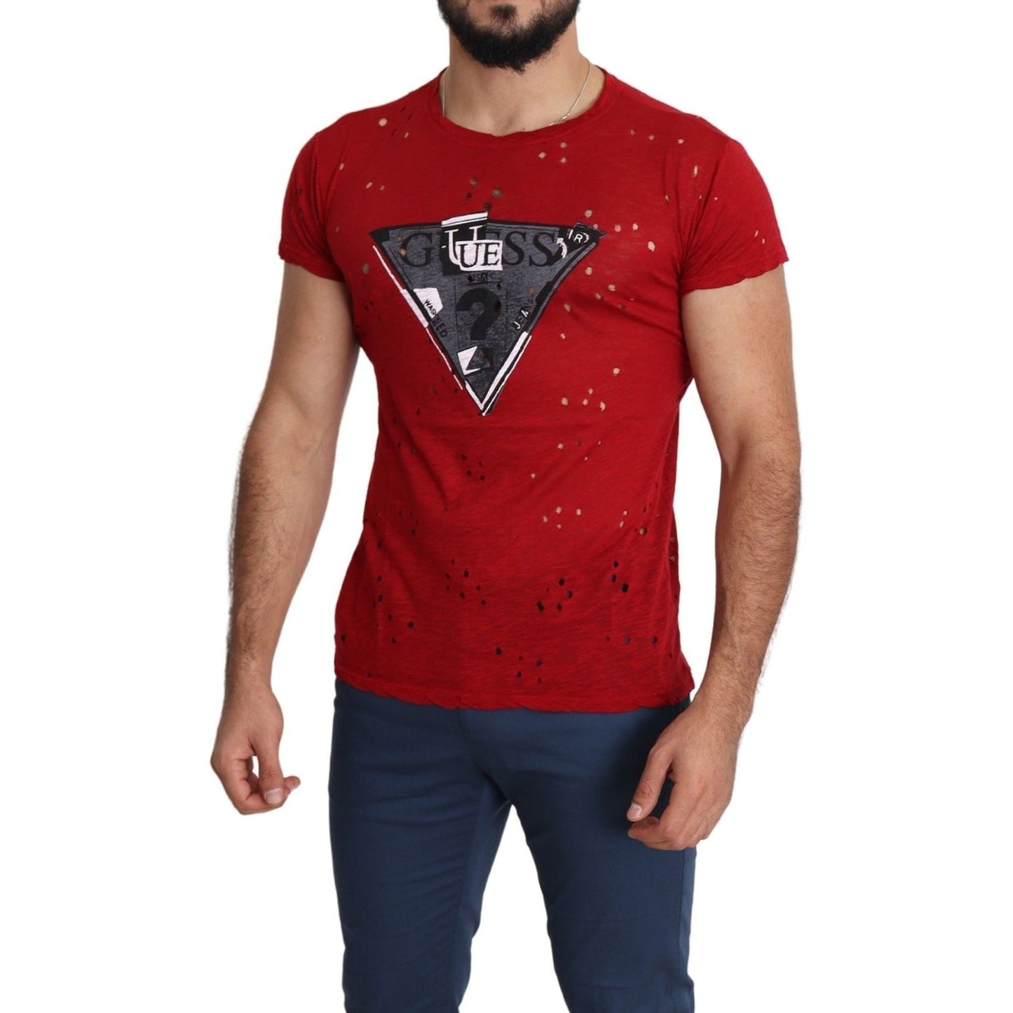 Guess Red Cotton Logo Print Men Casual Top Perforated T-shirt