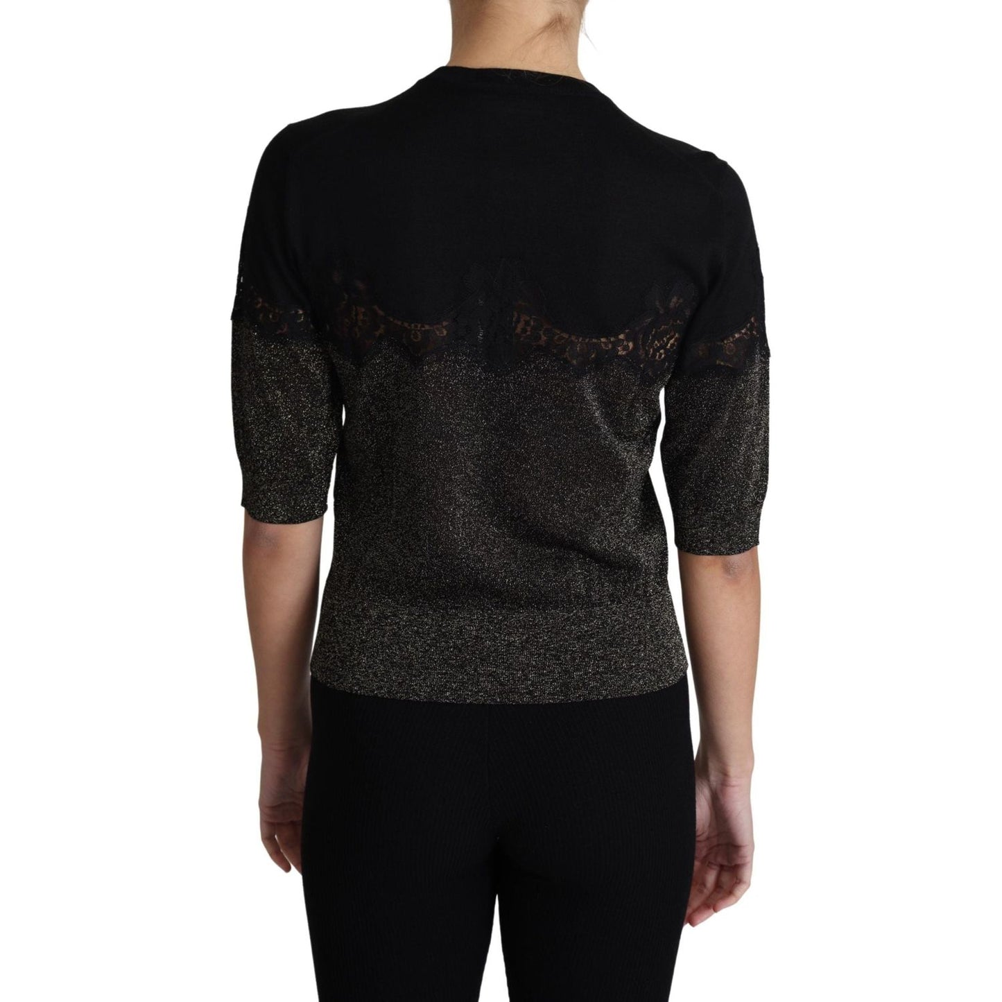 Dolce & Gabbana Black Shiny Lurex Lace Insert Pullover Top
