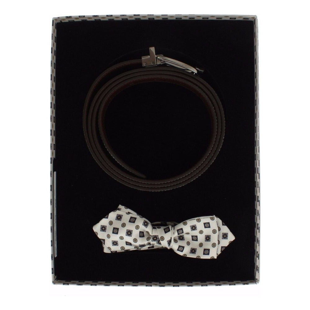 Dolce & Gabbana White Silk Bowtie Leather Men Belt Gift Box Belt