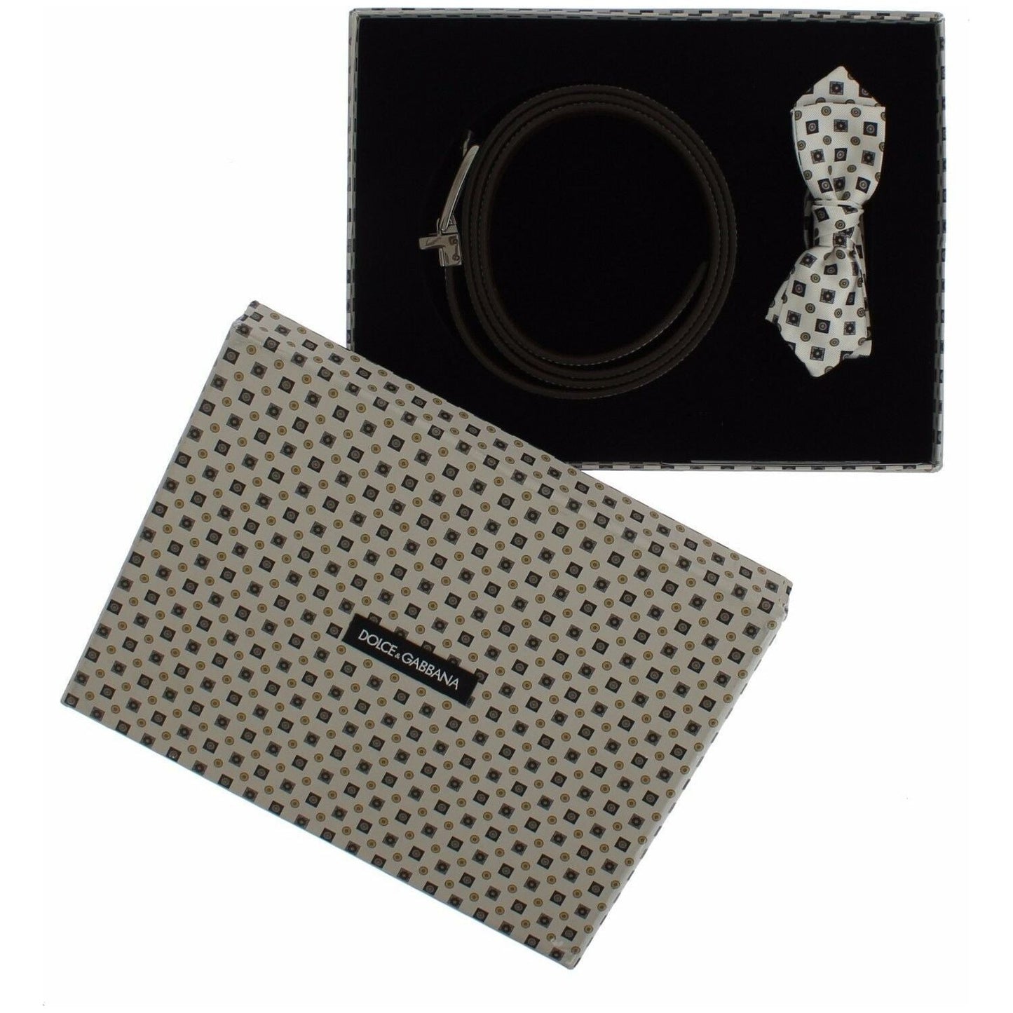 Dolce & Gabbana White Silk Bowtie Leather Men Belt Gift Box Belt