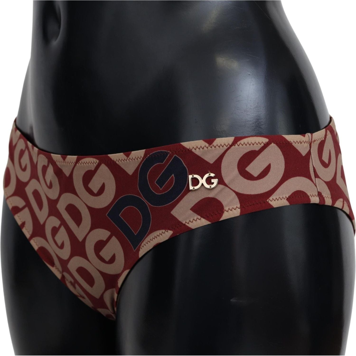 别致的栗色米色徽标印花比基尼泳裤