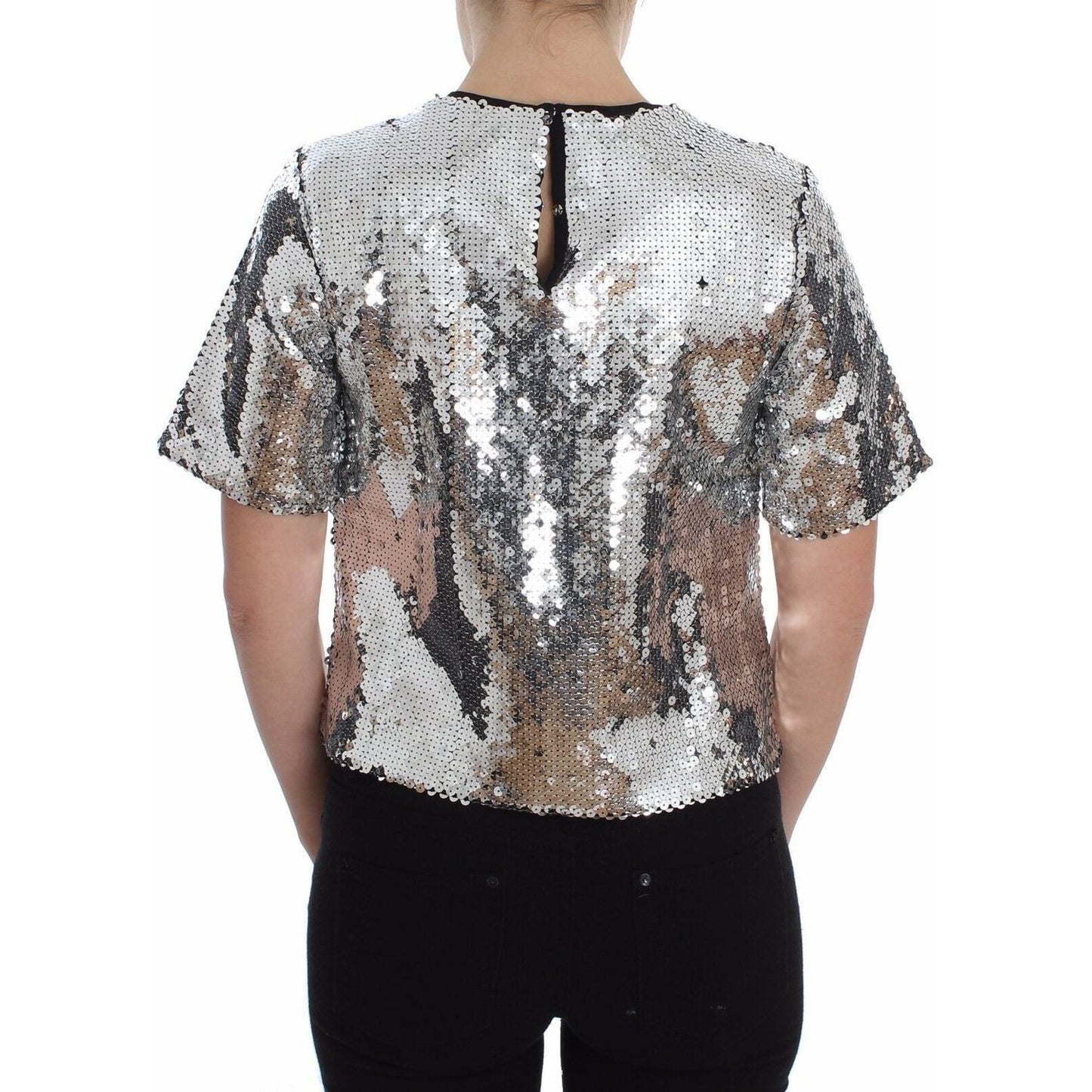 Dolce & Gabbana Silver Sequined Crewneck Blouse T-shirt Top