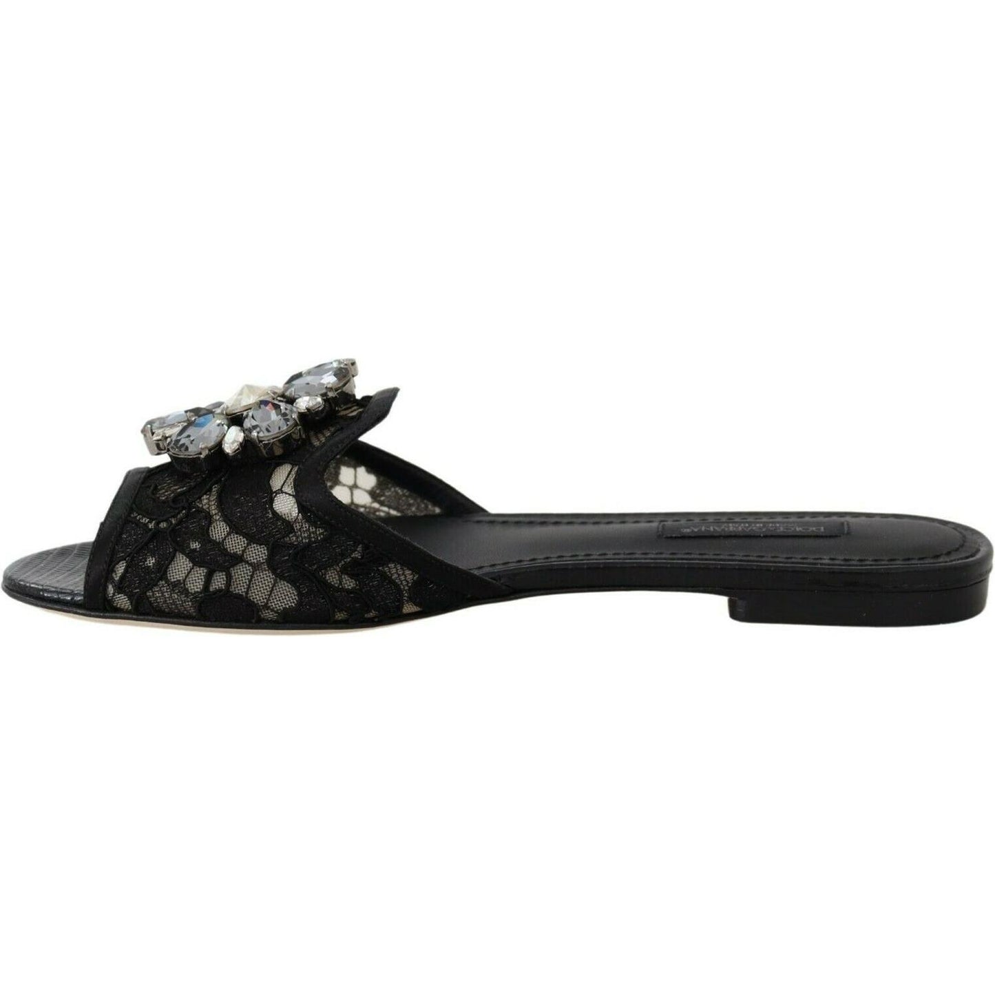 Dolce & Gabbana Black Taormina Lace Slides Crystals Flats Shoes