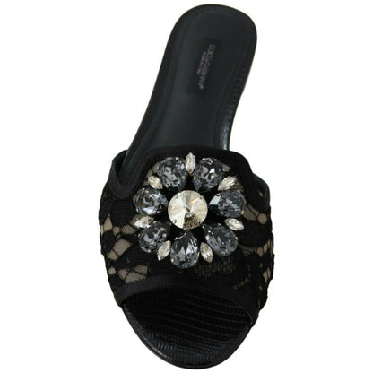 Dolce & Gabbana Black Taormina Lace Slides Crystals Flats Shoes