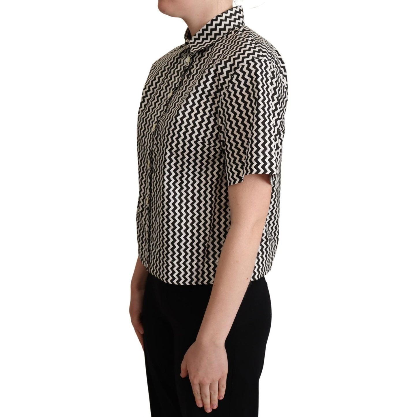 Dolce & Gabbana Black White Zigzag Collar Cotton Top Shirt Blouse Top