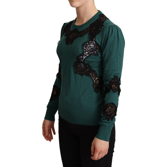 Dolce & Gabbana Elegant Green Pullover with Black Lace Detail Dolce & Gabbana