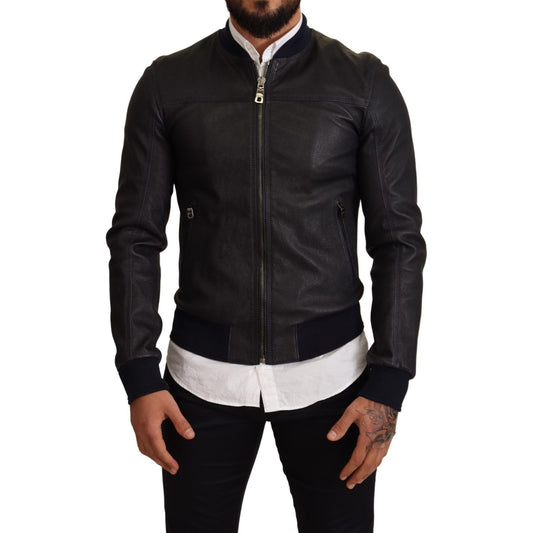 Dolce & Gabbana Elegant Leather Bomber Jacket in Dark Blue Dolce & Gabbana