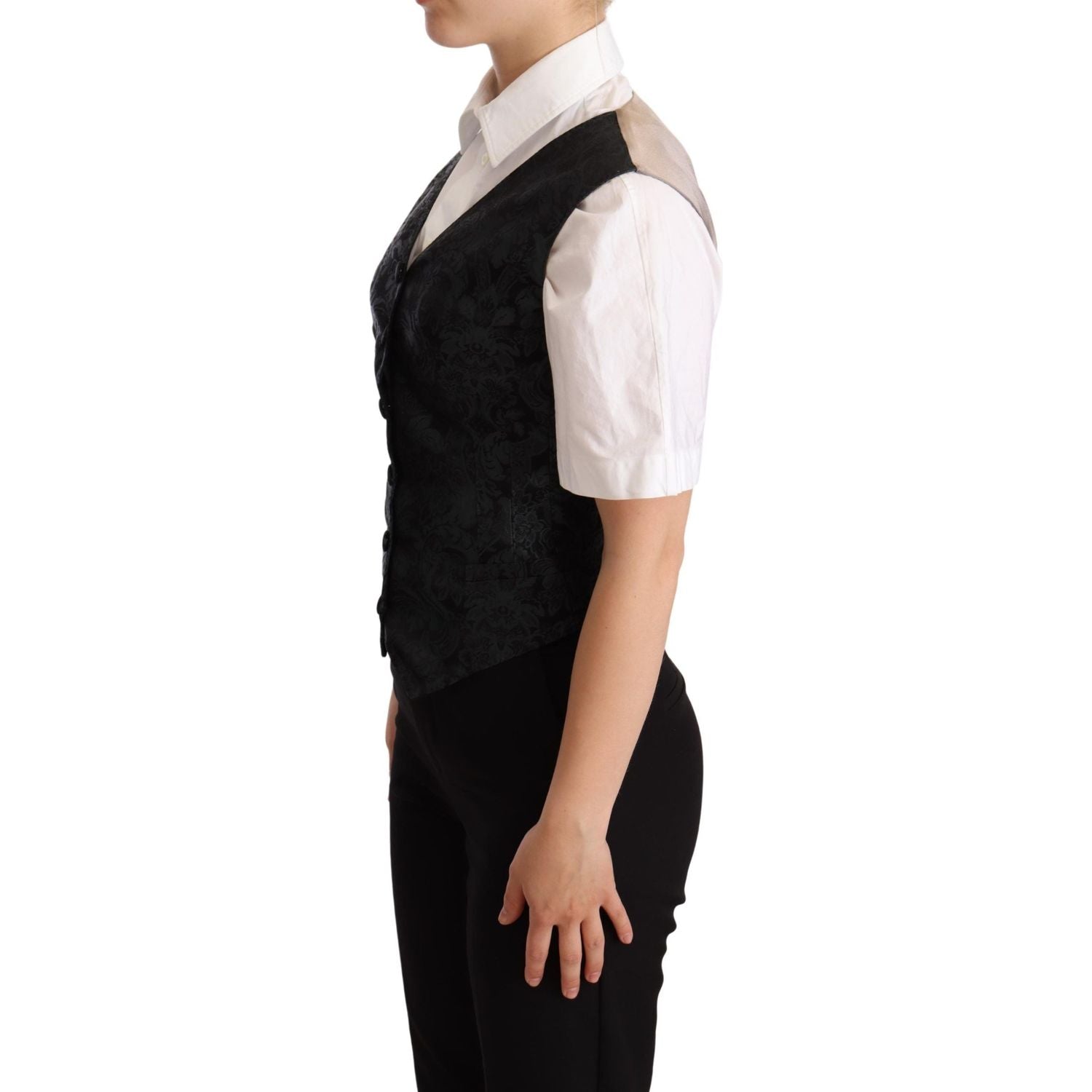Dolce & Gabbana Black Jacquard Floral Waistcoat Vest Green