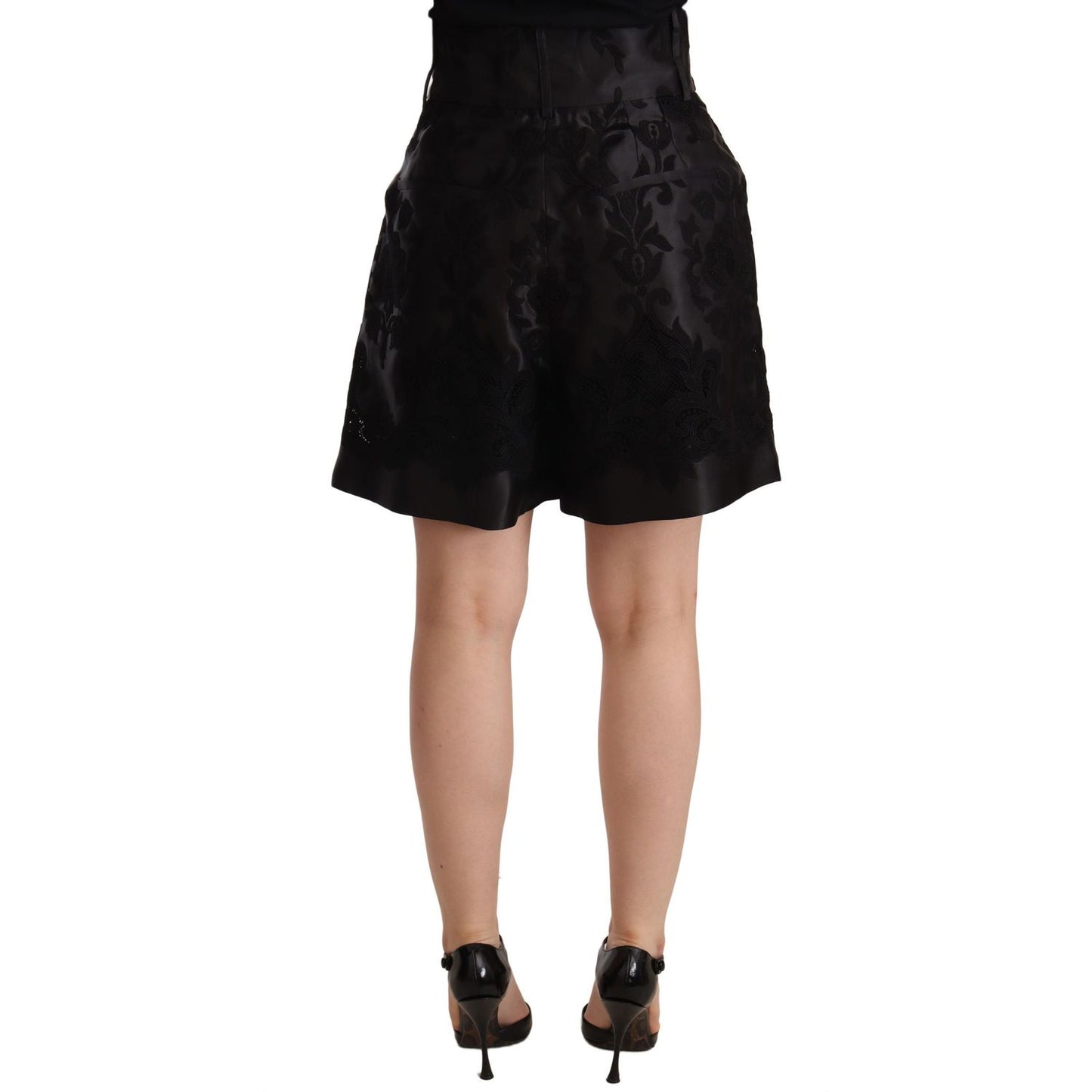 Dolce & Gabbana Black Floral Brocade High Waist Mini Shorts Shorts