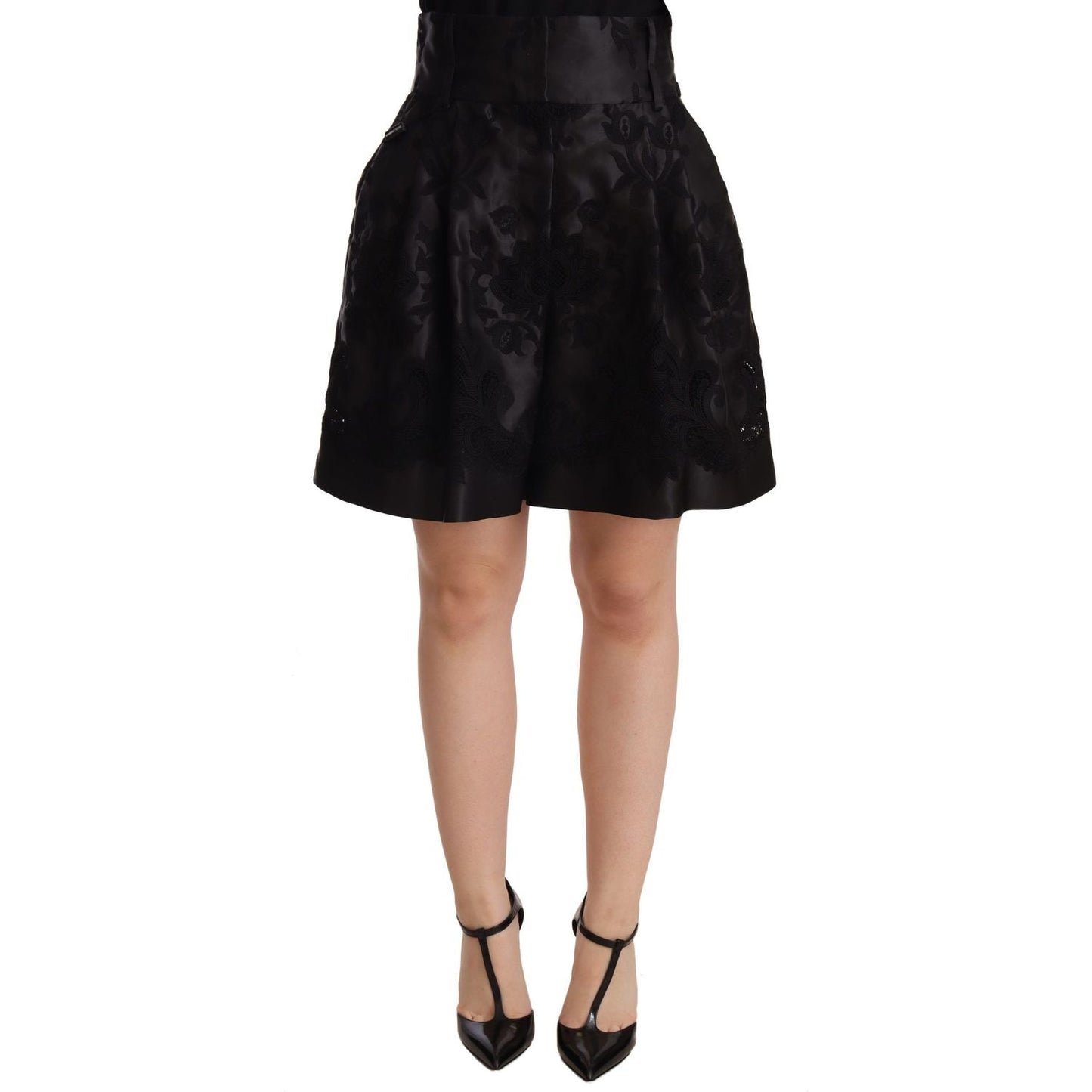 Dolce & Gabbana Black Floral Brocade High Waist Mini Shorts Shorts