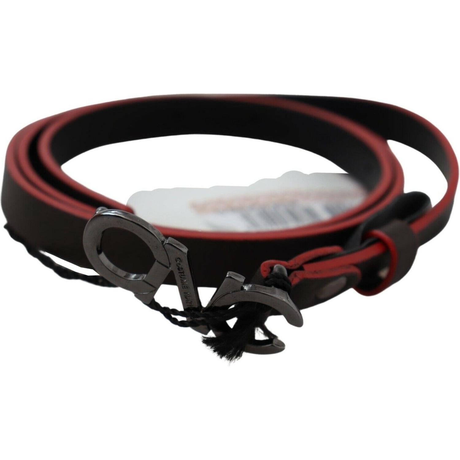 Costume National Black Maroon Skinny Leather Buckle Waist Belt