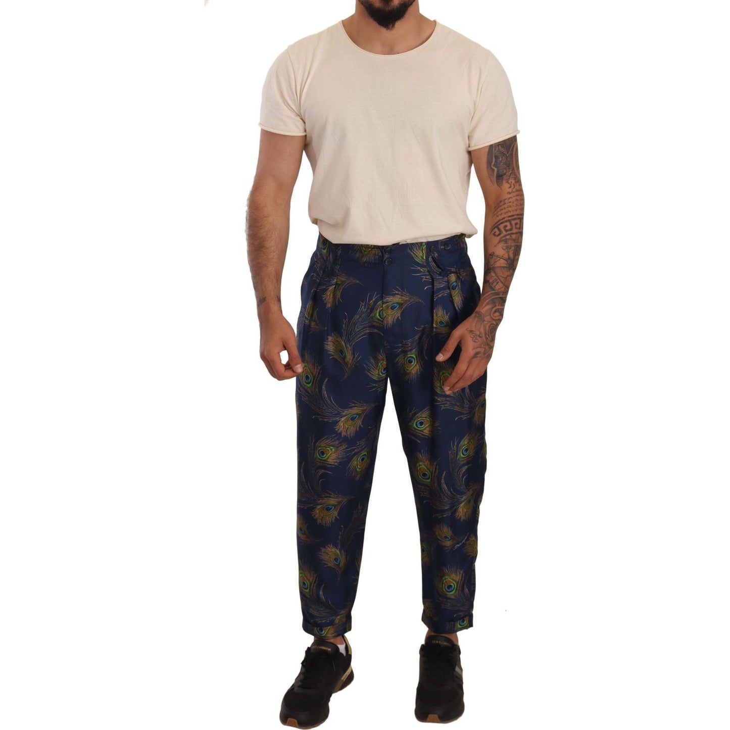 Dolce & Gabbana Exquisite Peacock Print Silk Trousers MAN TROUSERS Dolce & Gabbana