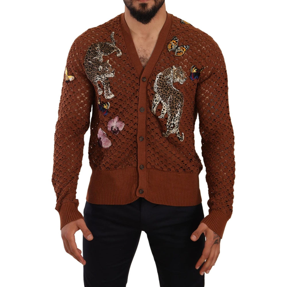 Dolce & Gabbana Brown Leopard Butterfly Cardigan Sweater MAN SWEATERS