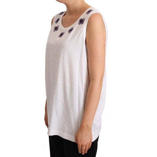 Dolce & Gabbana Floral Trim Logo Tank Top in White WOMAN T-SHIRTS Dolce & Gabbana