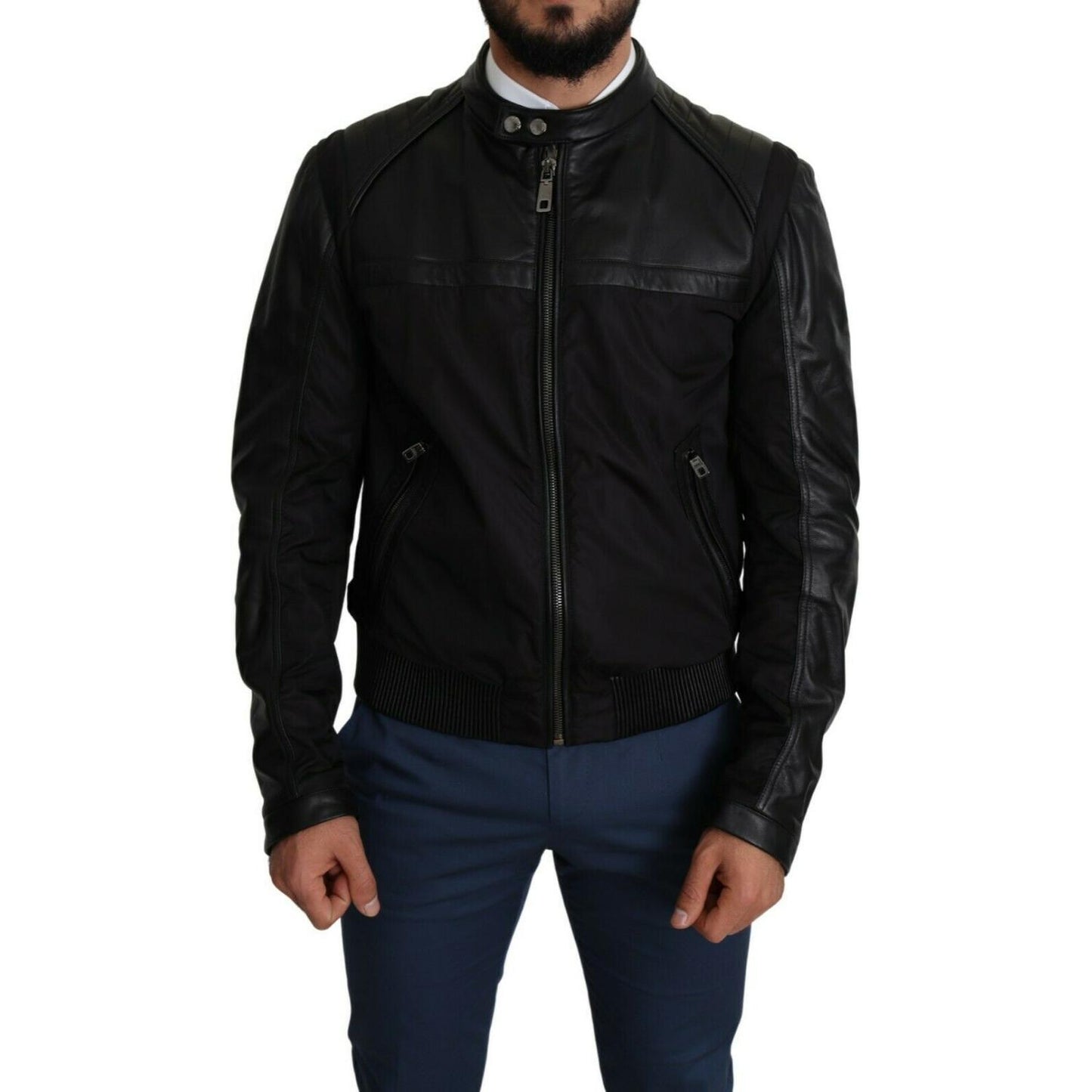 Dolce & Gabbana Elegant Black Bomber with Leather Accents MAN COATS & JACKETS Dolce & Gabbana