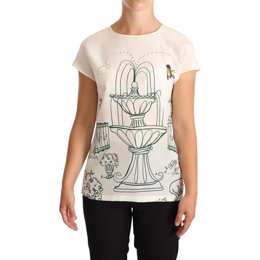 Dolce & Gabbana White Silk Garden Fountain T-Shirt Blouse Blouse Top