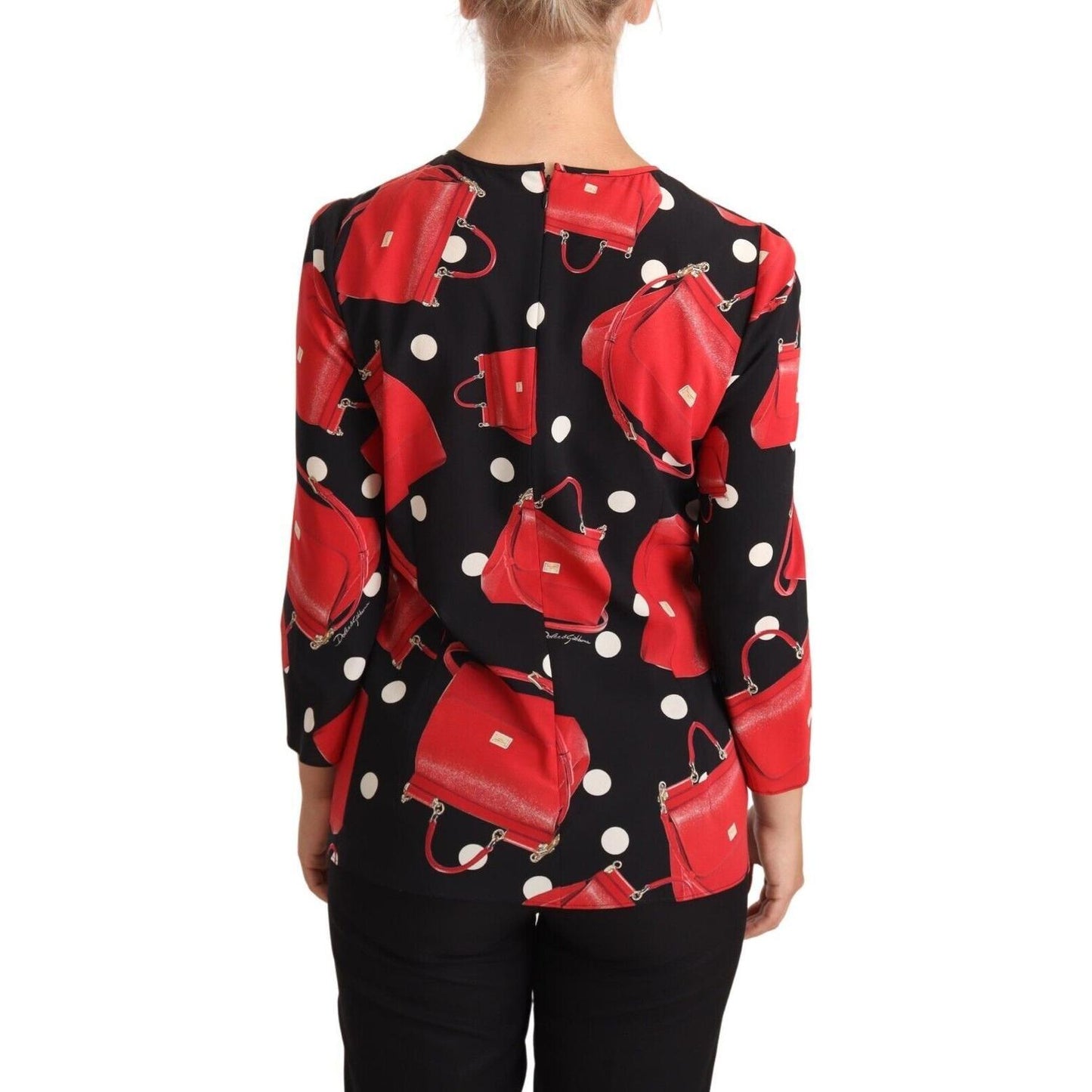 Dolce & Gabbana Black Sicily Bag Print Silk Stretch Top Blouse Blouse Top