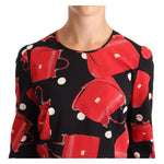 Dolce & Gabbana Black Sicily Bag Print Silk Stretch Top Blouse Blouse Top