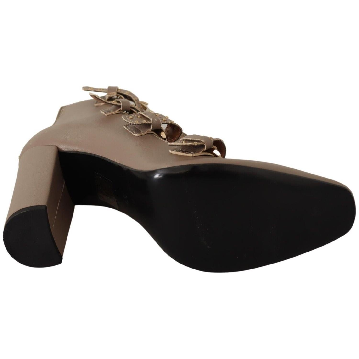 棕色优雅皮革多扣高跟鞋