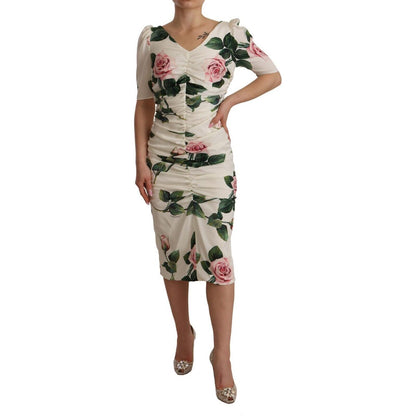 Dolce & Gabbana White Roses Print Stretch Silk Pleated Dress Dress