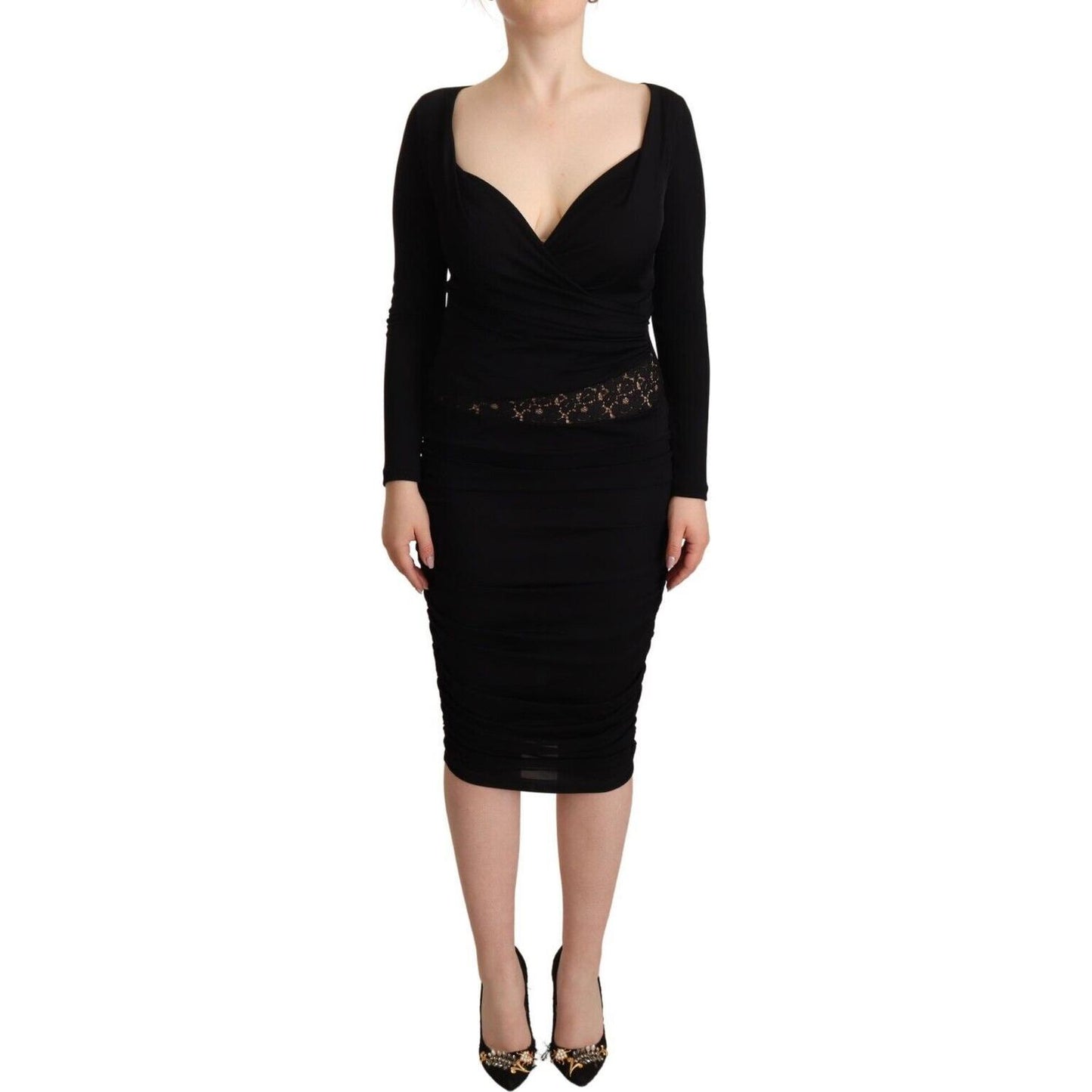 GF Ferre Black Long Sleeves Sweetheart Neck Midi Dress WOMAN DRESSES