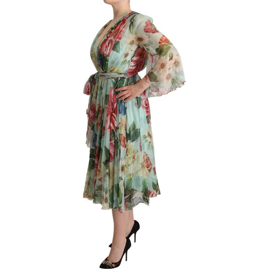 Dolce & Gabbana Elegant Floral Green Midi Silk Dress WOMAN DRESSES Dolce & Gabbana