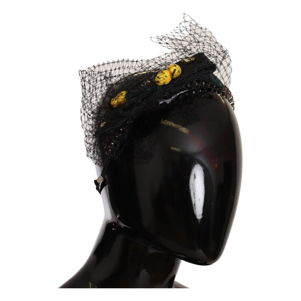 Dolce & Gabbana Silver Tiara Crystals Fruits Black Mesh Diadem Headband SMY100808