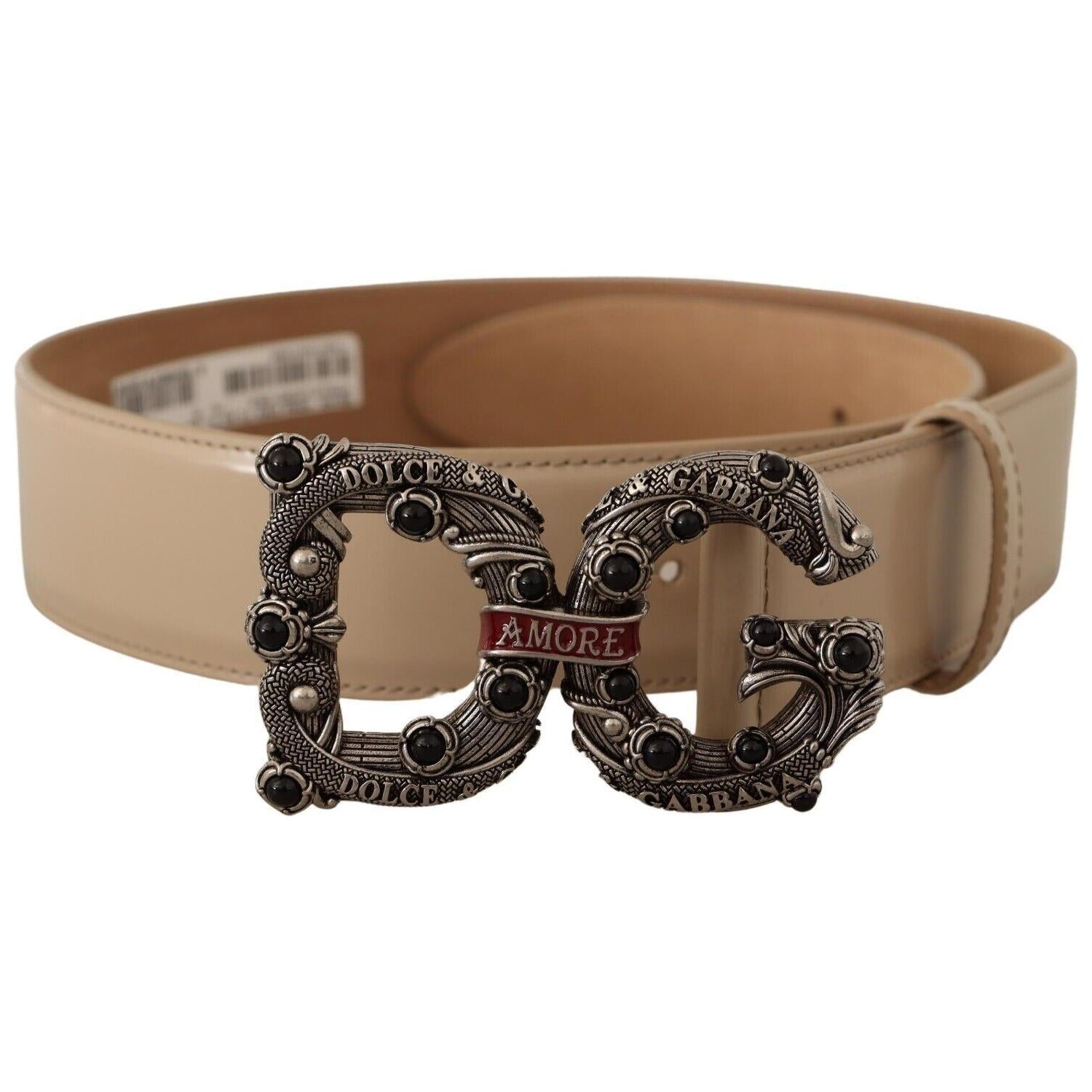 Dolce & Gabbana Beige Leather Silver Logo Buckle Amore Belt
