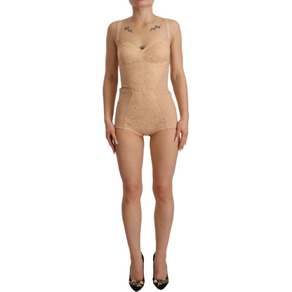 Dolce & Gabbana Beige Nylon Floral Lace Bodysuit Underwear