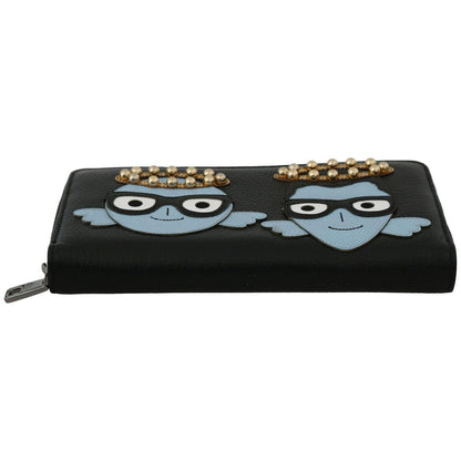 Dolce & Gabbana Black Blue Leather #DGFAMILY Zipper Continental Wallet