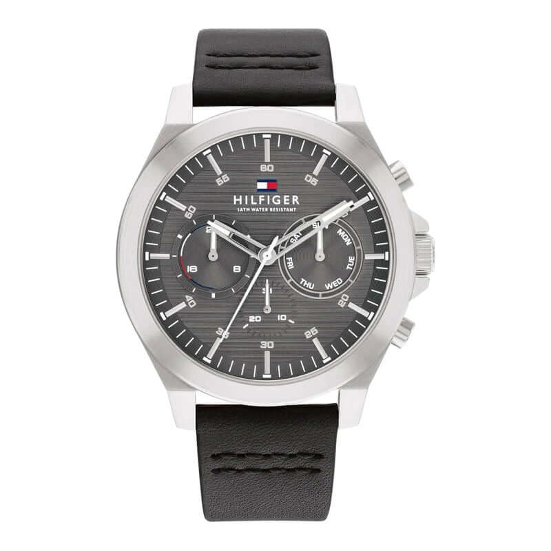 TOMMY HILFIGER Mod. 1710521 watch with quartz analog movement, black dial, 46 mm case, 5 ATM water resistance, official box packaging.