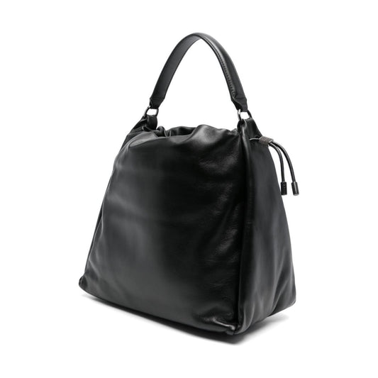 Brunello Cucinelli black calf leather smooth grain debossed logo Bag Shoulder Brunello Cucinelli