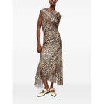 Ganni Leopard Marl Mesh Long Ruched Crossover Dress Dresses