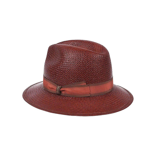 Brown Borsalino straw hat with side logo and belt, Panama Fantasia Federico style.