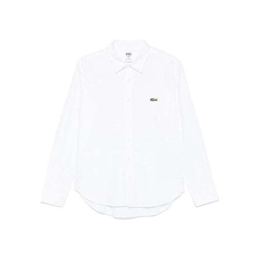 White Junya Watanabe shirt with front button fastening, classic collar, long sleeves, and box-pleat detail in medium size.